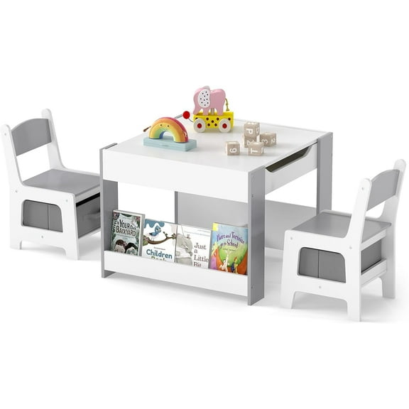 INFANS Kids Table and Chair Set, 4 in 1 Building Block Wooden Activity Desk with Reversible Tabletop Storage Drawers Bookshelves for Toddlers Art Craft Learning Reading Drawing Playroom