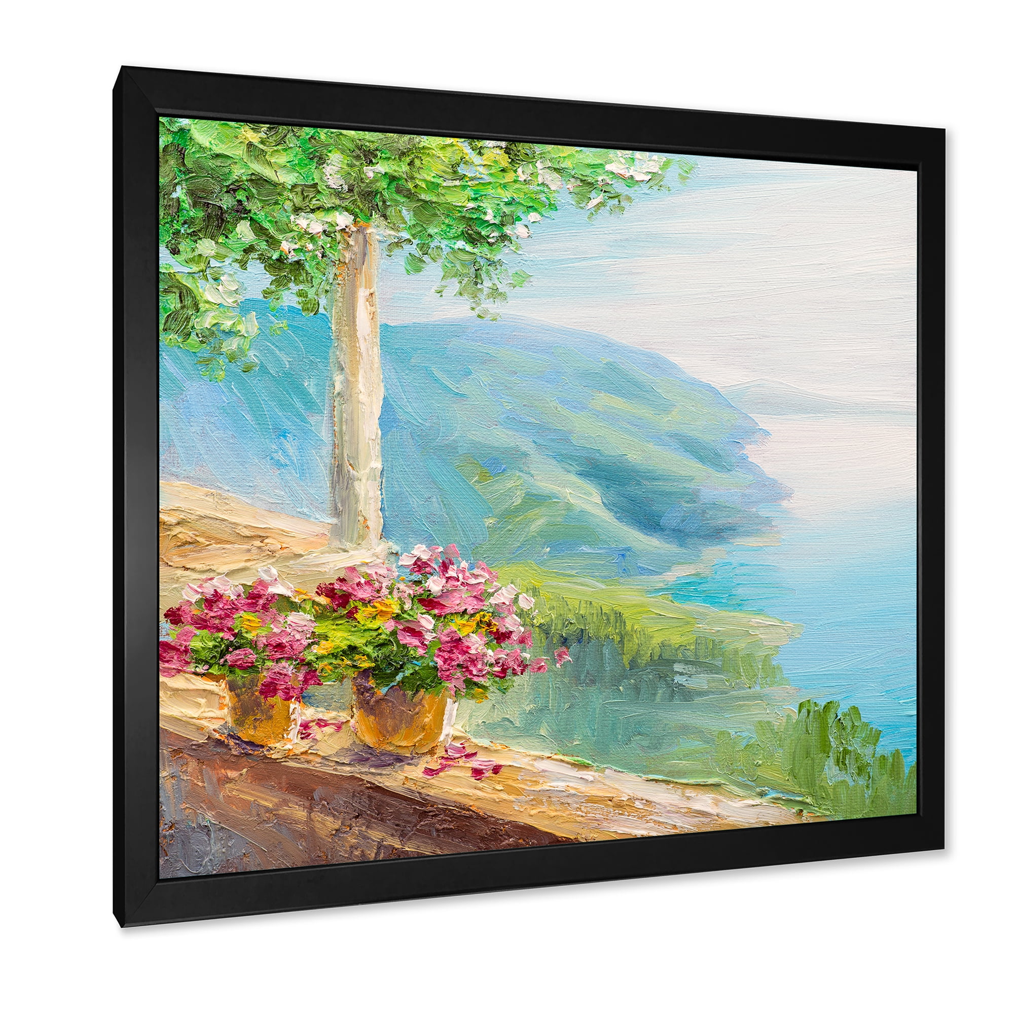 Designart 'House With Colorful Flowers Near The Sea V' Nautical & Coastal Framed Art Print