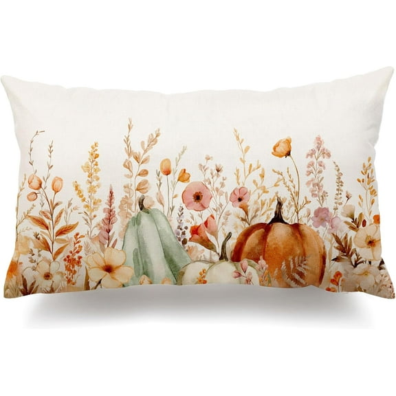 Fall Pillow Covers 12x20 Inch Fall Thanksgiving Orange Pumpkin flowers and grass Lumbar Pillow Covers Polyester Fall Decoration for Home couch