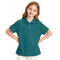 thumbnail image 5 of Girls Short Sleeve Pique Polo Shirt Preschool Shirt Matching Ribbed Collar Banded Sleeves Three-button Placket Uniform Dark Green 120, 5 of 7
