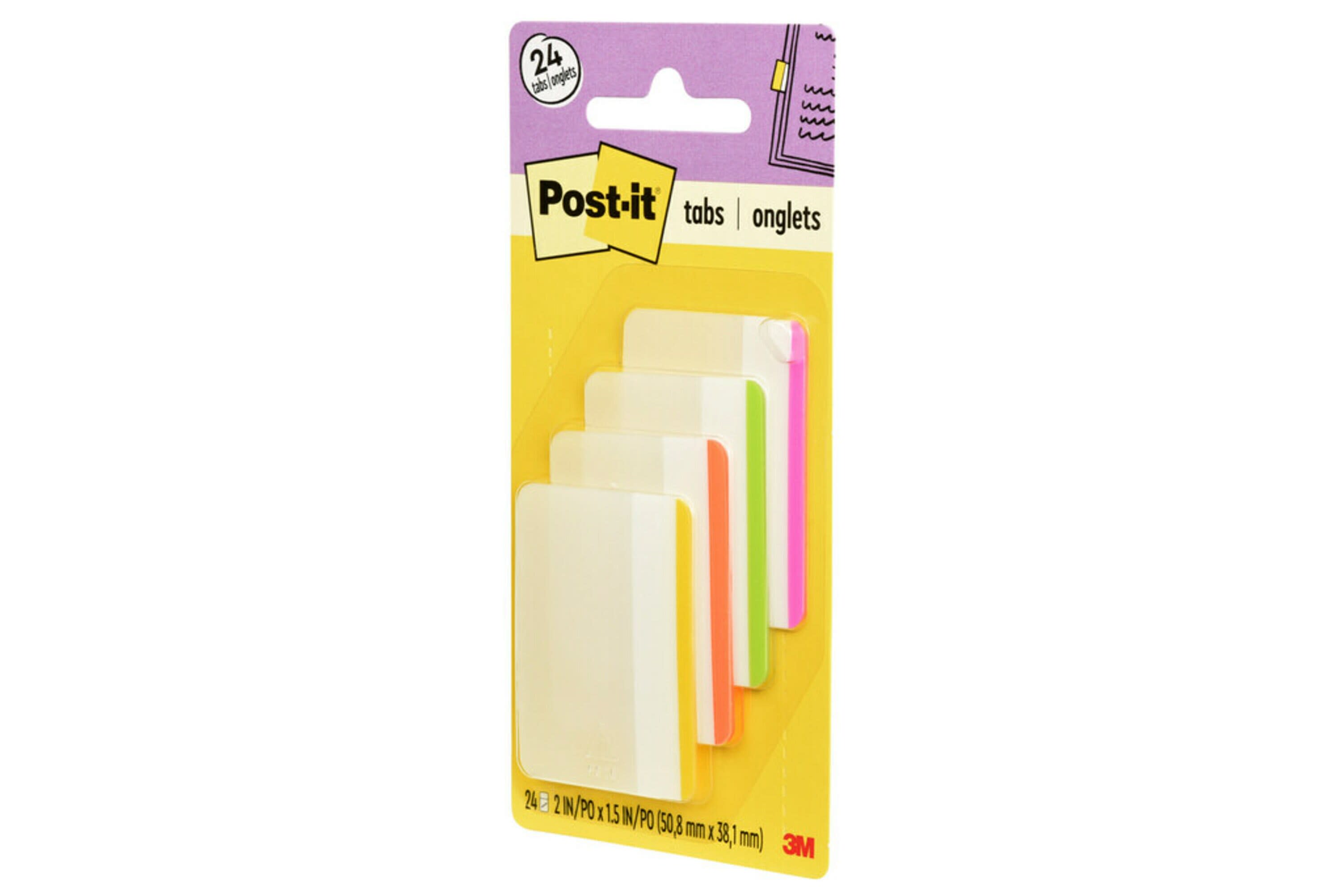 Post-it Durable Tabs 686F-1BB, 2 in x 1.5 in (50.8 mm x 38 mm) Beige, Green, Red, Canary Yellow 24 pk/cs