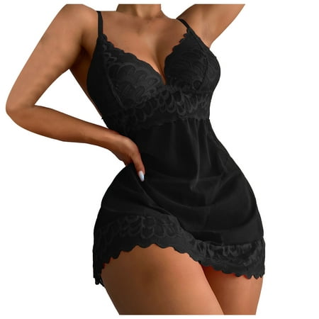 

DNDKILG See Through Lingerie for Women Deep V Neck Teddy Nightgown Babydoll Sexy Lace Chemise Black M