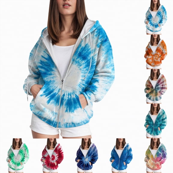 Towmus Womens Zip Up Hoodies Long Sleeve Crew Neck Printed Trendy Oversize Tops Drawstring Gradient Hoodies with Pockets for Fall Winter
