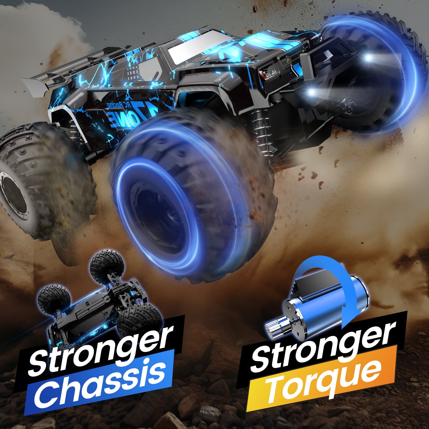 JoyStone Glowing RC Cars with Body Lights & Headlights, 1:14 Scale Remote Control Truck, 15+ mph High Speed Monster Truck, 2 Batteries for Boys Kids, Blue