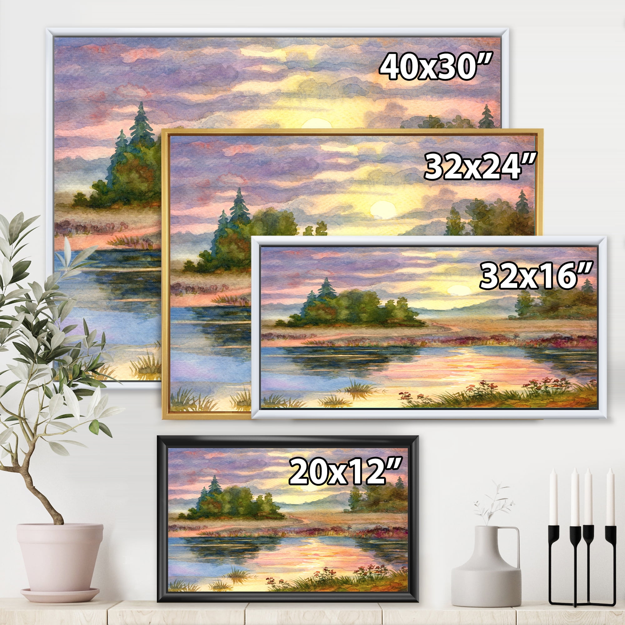 The Rural Lake In Sunset Evening I 20 in x 12 in Framed Painting Canvas Art Print, by Designart