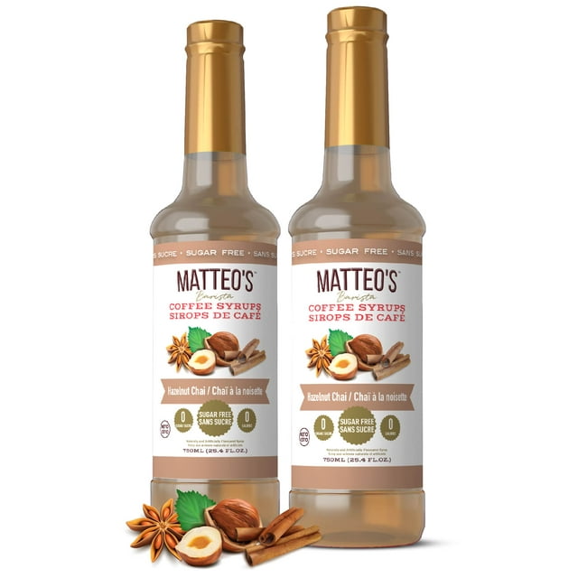 Matteo's Sugar Free Coffee Flavoring Syrup, Hazelnut Chai, Delicious Coffee Syrup, 0 Calories, 0 Sugar, Keto Friendly (750mL, Single Bottle)