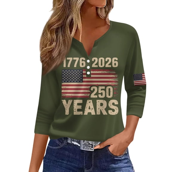 Wutalume Women's 3/4 Sleeve Buttoned Top - 250 Years Independence Day Print V-Neck Blouse with Front Buttons, 4th of July Outfits for Women, Womens Shirts,Army Green L