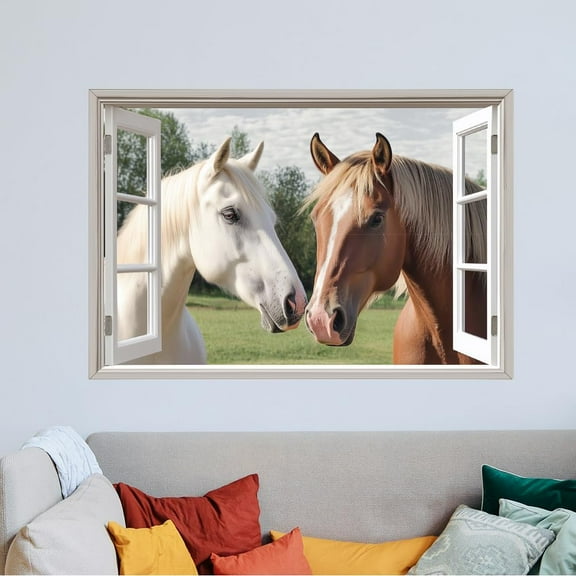 Horses Outside The Window Wall Sticker Animal Wall Decal Large Size Colorful Horse Home Art Mural Two Horses Vinyl Sticker Bedroom Living Room Decor Wall Art Mural Gift Decor