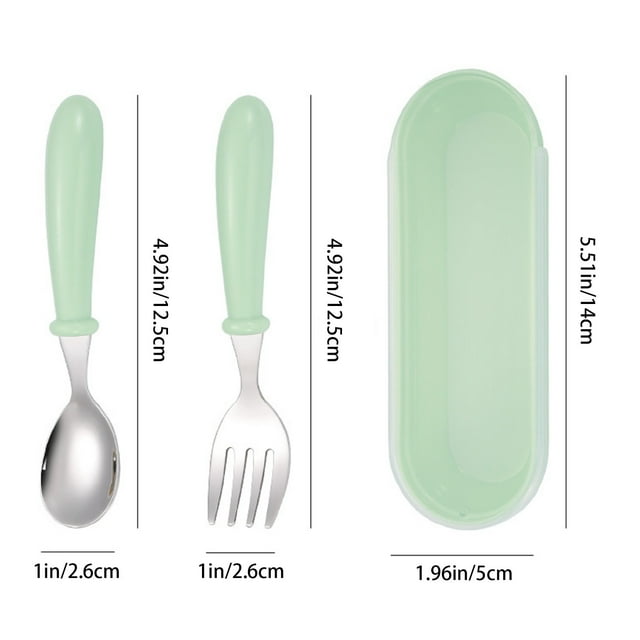 DFC Ensemble de Vaisselle pour Bébé en Acier Inoxydable 2 Pcs Cuillère et Fourchette Portables avec Boîte de Rangement Ensemble de Couverts Mignons pour Bébé Auto-Alimentation Apprentissage Lave-Vaisselle Équipement pour Bébé