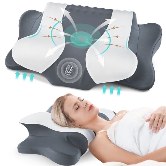 DONAMA Cervical Neck Pillow for Pain Relief Sleeping, Memory Foam Pillow Neck Pillow Bed Pillow with Pillowcase for Side Back and Stomach Sleepers, Gray and White