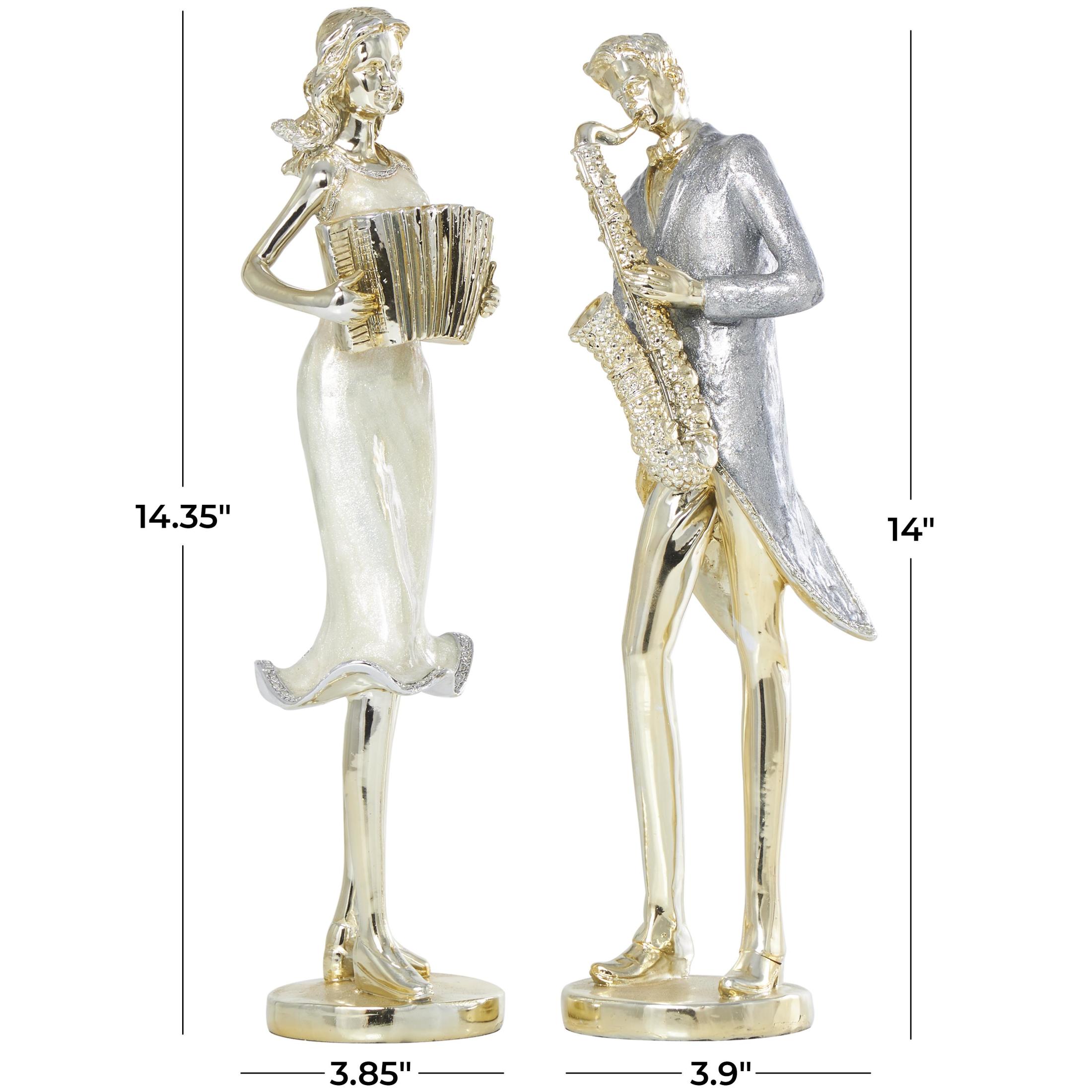 4"W, 14"H Gold Resin Musician Sculpture with Accordion and Saxophone, by DecMode (2 Count)