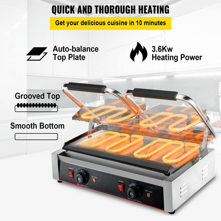 Anger Hold sammen med nuance VEVORbrand 110V Commercial Sandwich Panini Press Grill 2X1800W Temperature  Control 122°F-572°F Commercial Panini Grill Non Stick Surface for  Hamburgers Steaks Bacons (Up Grooved and Down Flat Plates) - Walmart.com