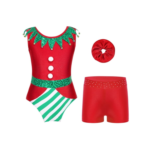 TTAO Christmas Gymnastics Leotards for Girls Dance Ballet Outfits Tumbling Biketard with Shorts and Hairband Set Red 6