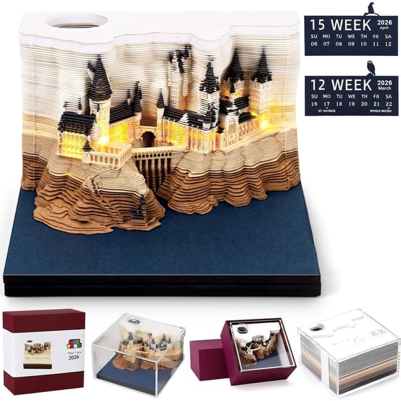 Calendario 3D 2026, Time Piece Calendario de Escritorio 2026, Bonitas Escultura de Papel de Castillo Mágico con Luces LED, Artísticas 3D Bloc de Notas, Regalos