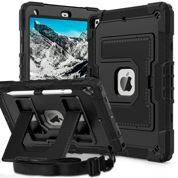 Decase Shockproof Rugged Case for Apple iPad 9th/ 8th/ 7th Generation Case 10.2" 2021/2020/2019 with Kickstand & Shoulder Strap,Tri-Layer PC TPU Back Cover,Heavy Duty Shock-Absorbent Protective Case,A