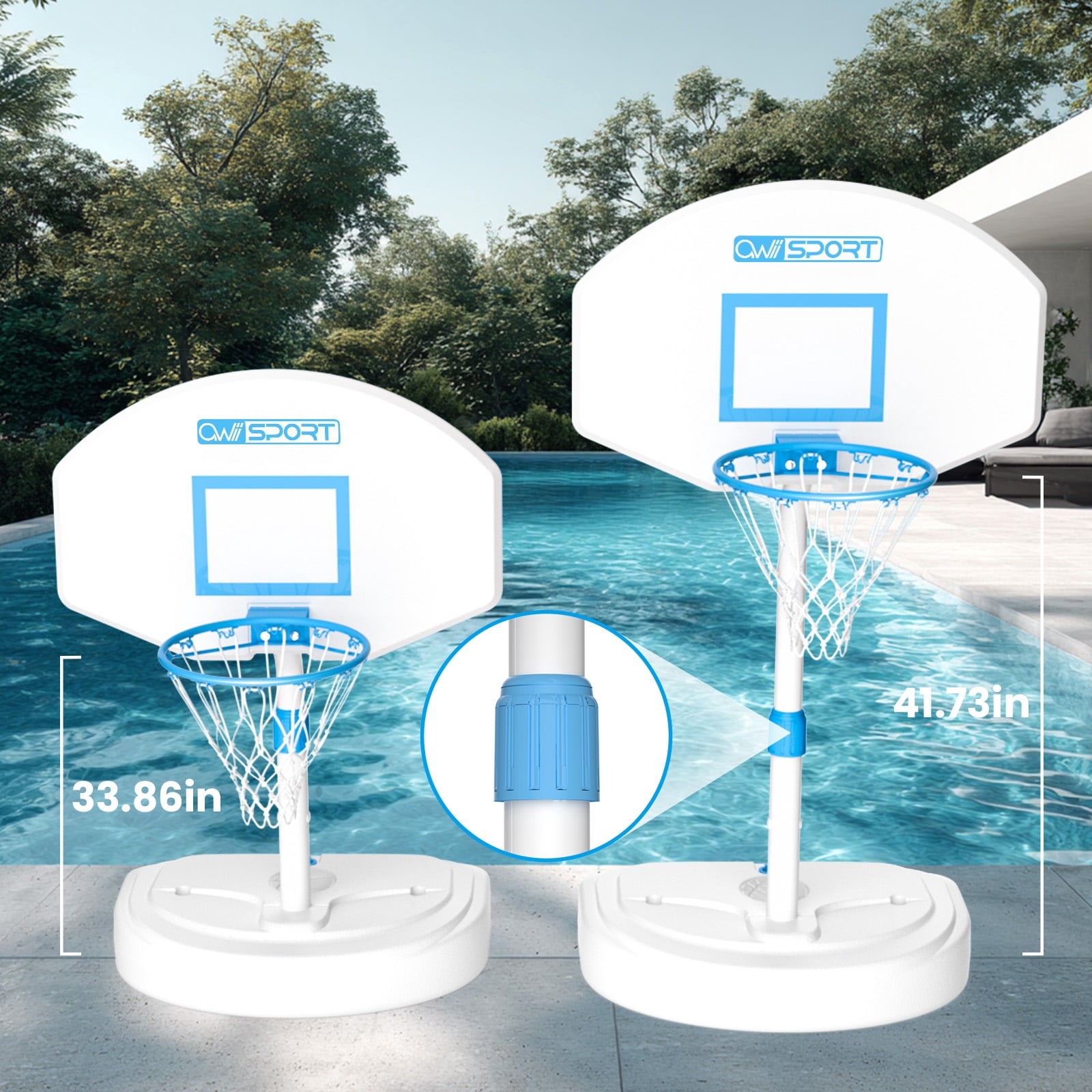 Portable Swimming Pool Basketball Hoop 36 inch, 2 Balls and Pump Included, Poolside, Durable & Sturdy, Clear Polycarbonate Backboard