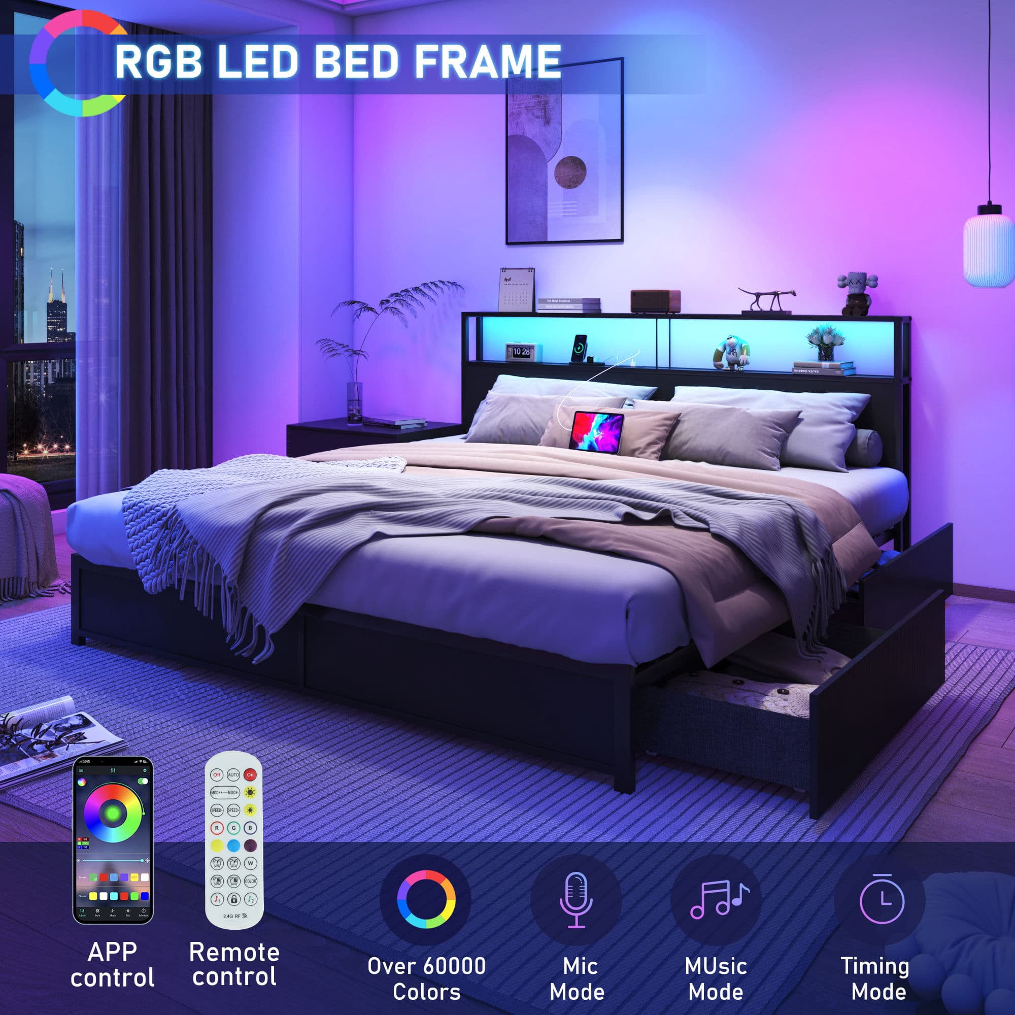 LED King Size Bed Frame with Storage Headboard & 4 Drawers, Industrial Metal Platform Bed with Power Charging Station & USB Ports