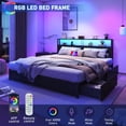 thumbnail image 2 of LED King Size Bed Frame with Storage Headboard & 4 Drawers, Industrial Metal Platform Bed with Power Charging Station & USB Ports, 2 of 10