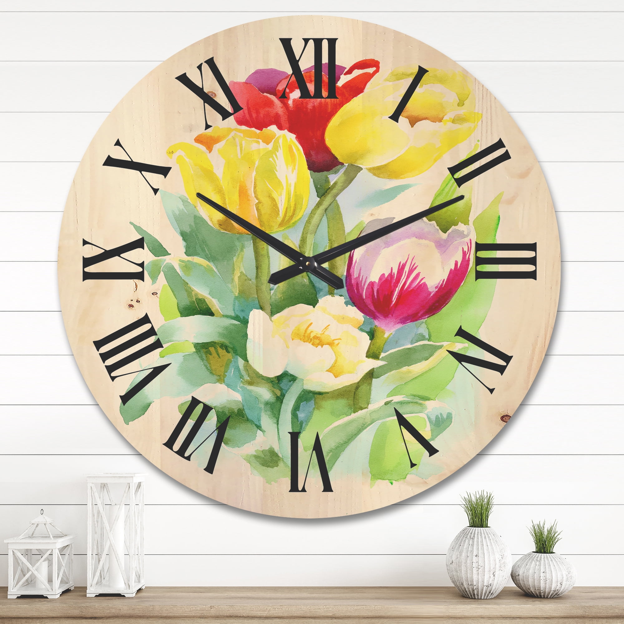 Designart 'Bouquet of Red and White Tulips' Traditional Wood Wall Clock