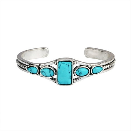 Grandest Birch Opening Carving Hollow Out Cuff Bracelet Vintage Turquoises Women Bangle Accessories Alloy Blue