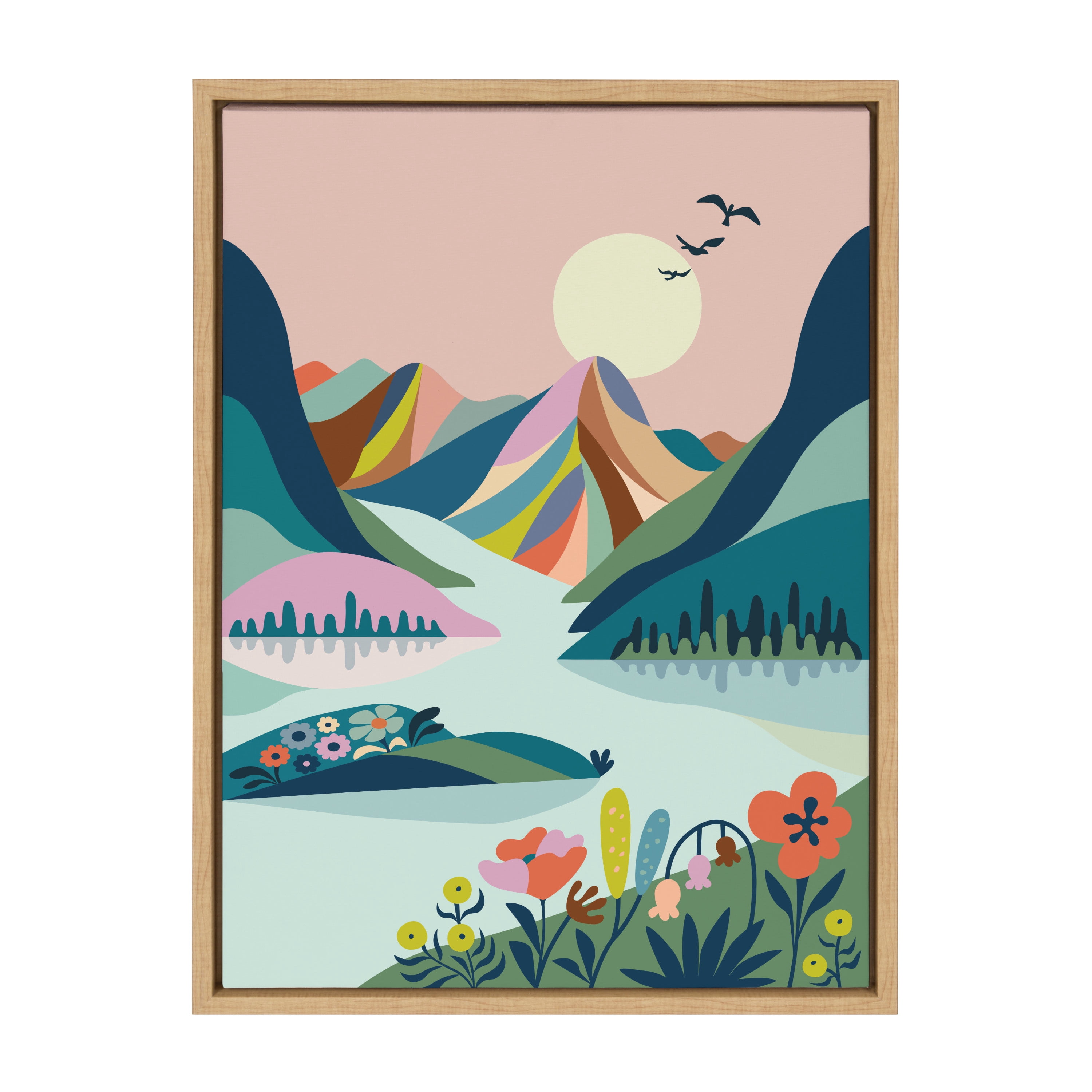 DesignOvation Sylvie Scenic Mountains Framed Canvas Wall Art by Rachel Lee, 18x24 Natural, Mid Century Modern Landscape Home Décor