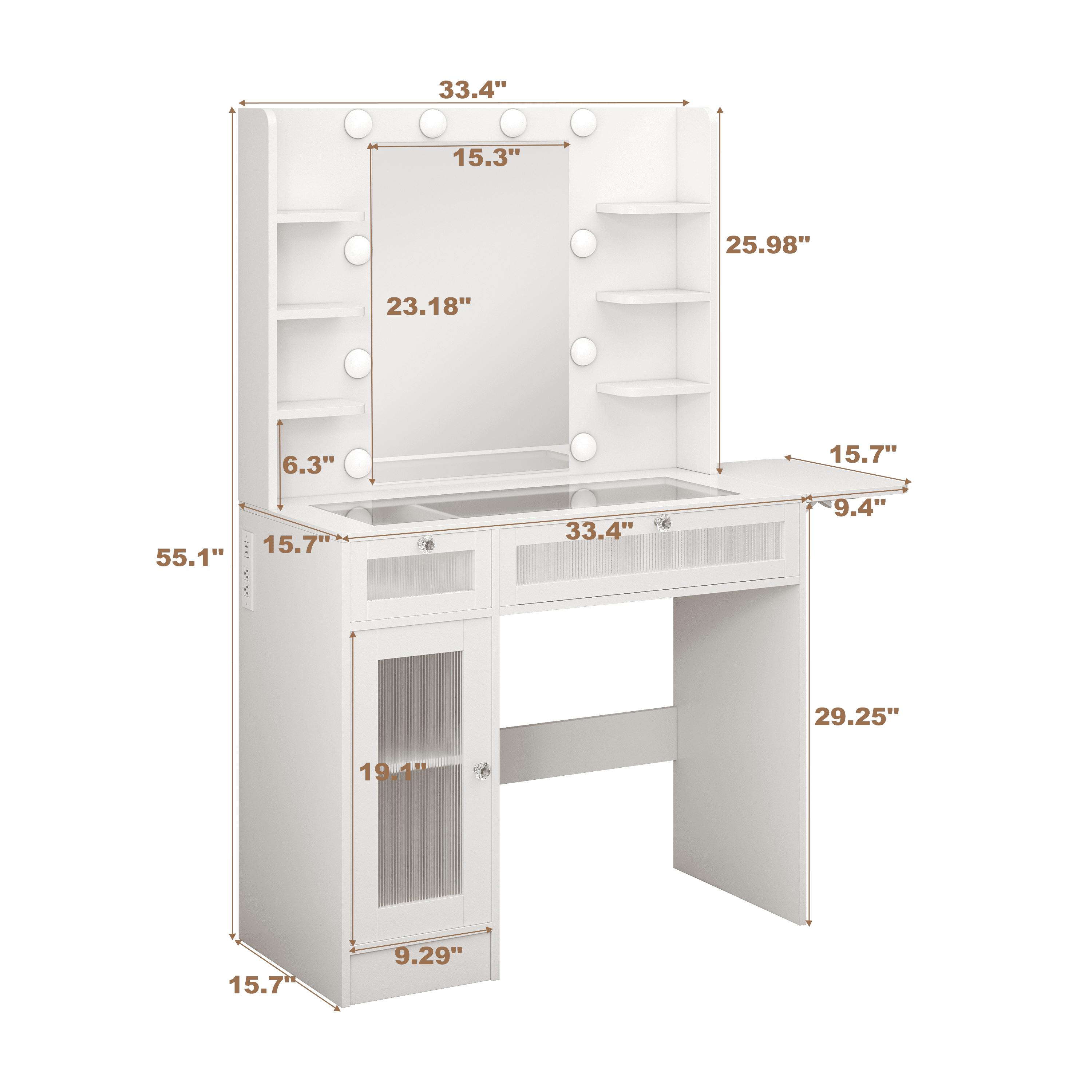 Vanity Desk with Mirror and Lights, Makeup Vanity Desk with Lights 7 Colors, Transparent Top Vanity with 2 Drawers, 6 Shelves, Large Tempered Cabinet, Power Outlet, for Bedroom, White