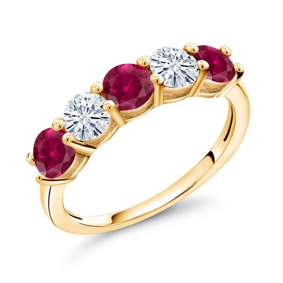Gem Stone King 18K Yellow Gold Plated Silver Red Created Ruby and Moissanite Wedding Band Ring for Women (1.07 Cttw, Round 3.5MM, Gemstone July Birthstone, Size 7)
