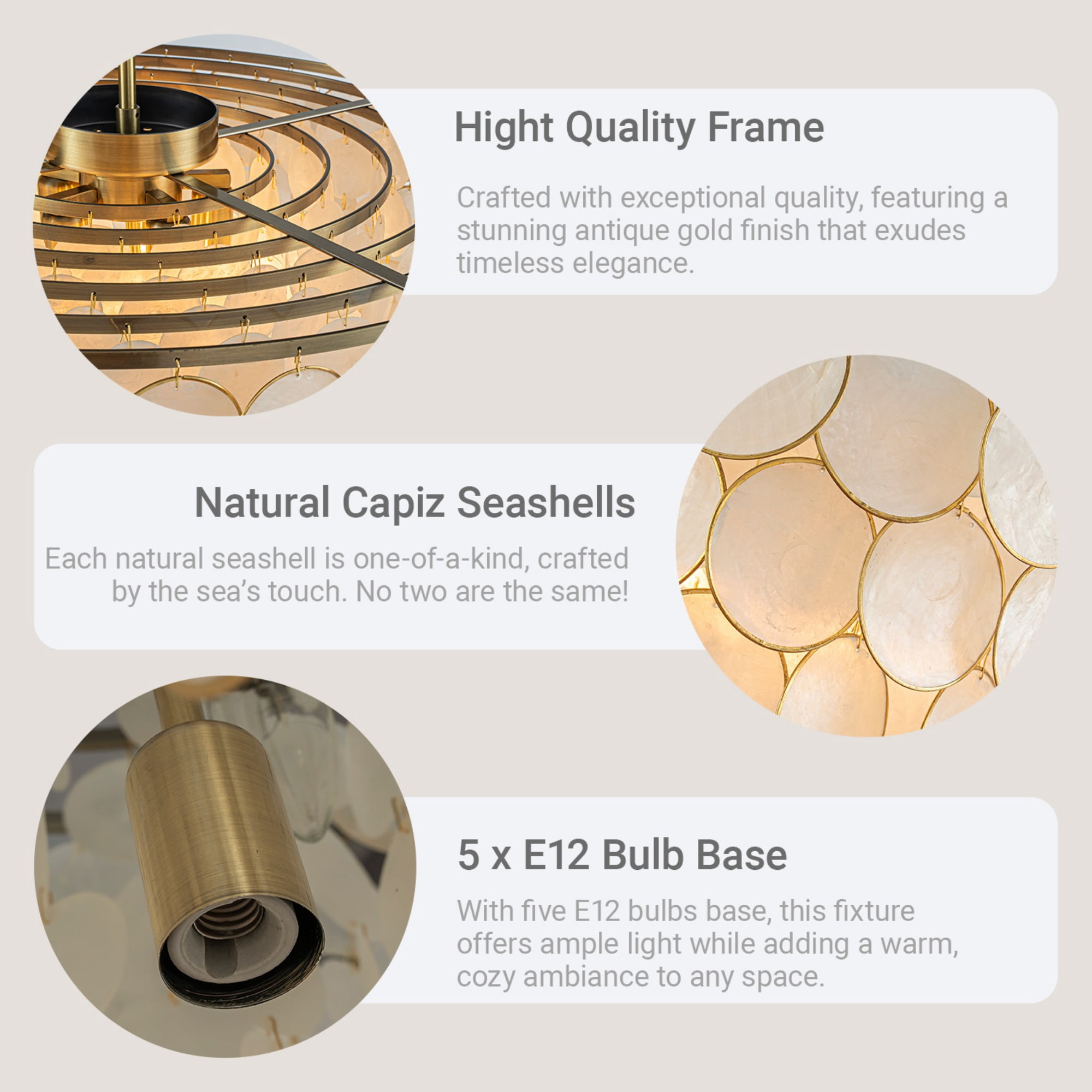 W24 in 5 Lights Coastal Capiz Shell Close to Ceiling Light Farmhouse Tiered Seashells Flush Mount Ceiling Light in Aged Bronze with Natural White Shells for Dining Room Living Room