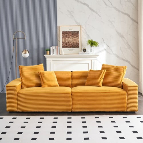 AOOWOW 104.72 Inch 4 Seater Large Living Room Sofa, Orange Corduroy Upholstered Couch with 4 Decorative Throw Pillows, Soft Comfortable Furniture