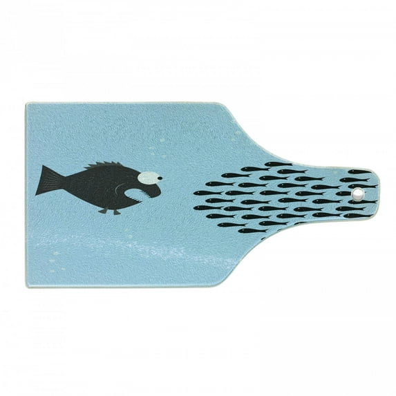Fish Cutting Board, Little Fishes United to Fight with Big Fish Theme Aquatic Wildlife in the Ocean, Tempered Glass Cutting and Serving Board, Wine Bottle Shape, Blue and Black, by Ambesonne