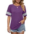 thumbnail image 1 of Top de mujer con manga a rayas, cuello redondo, manga corta, camiseta básica informal holgada para verano, color morado S, 1 of 8