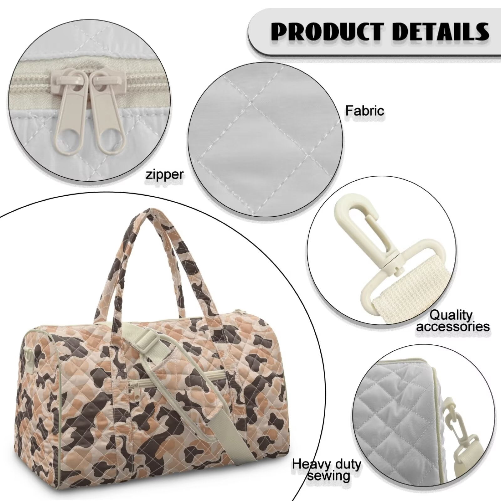 Garronmavis Large Camo Print Quilted Duffle Bag for Women, Weekender Travel Bag Carry On Overnight Bag, Fashion Gym Dance Tote with Zipper Pockets for Travel Work Workout