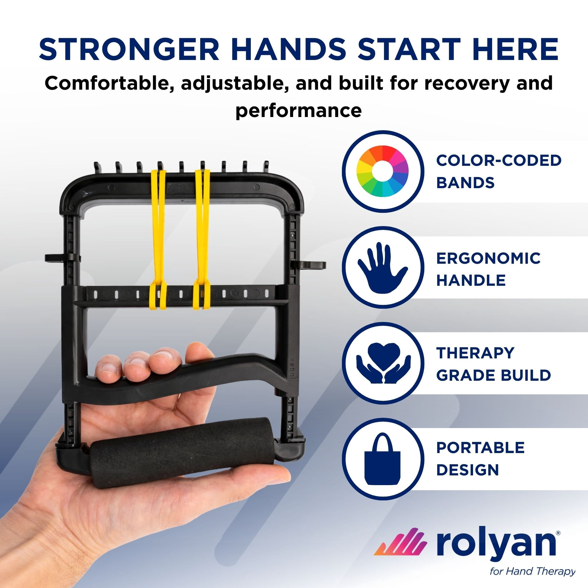 Rolyan Ergonomic Hand Exerciser with Padded Handle, Adjustable Grip Strength Trainer with 4 Color‑Coded Rubber Bands, Finger & Hand Exerciser for Therapy, Rehab, Strength Training, Black