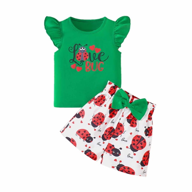 Hiiyo Little Girls 2 Piece Outfits Flutter Sleeve Graphic T-Shirt & Shorts Set,2-Piece