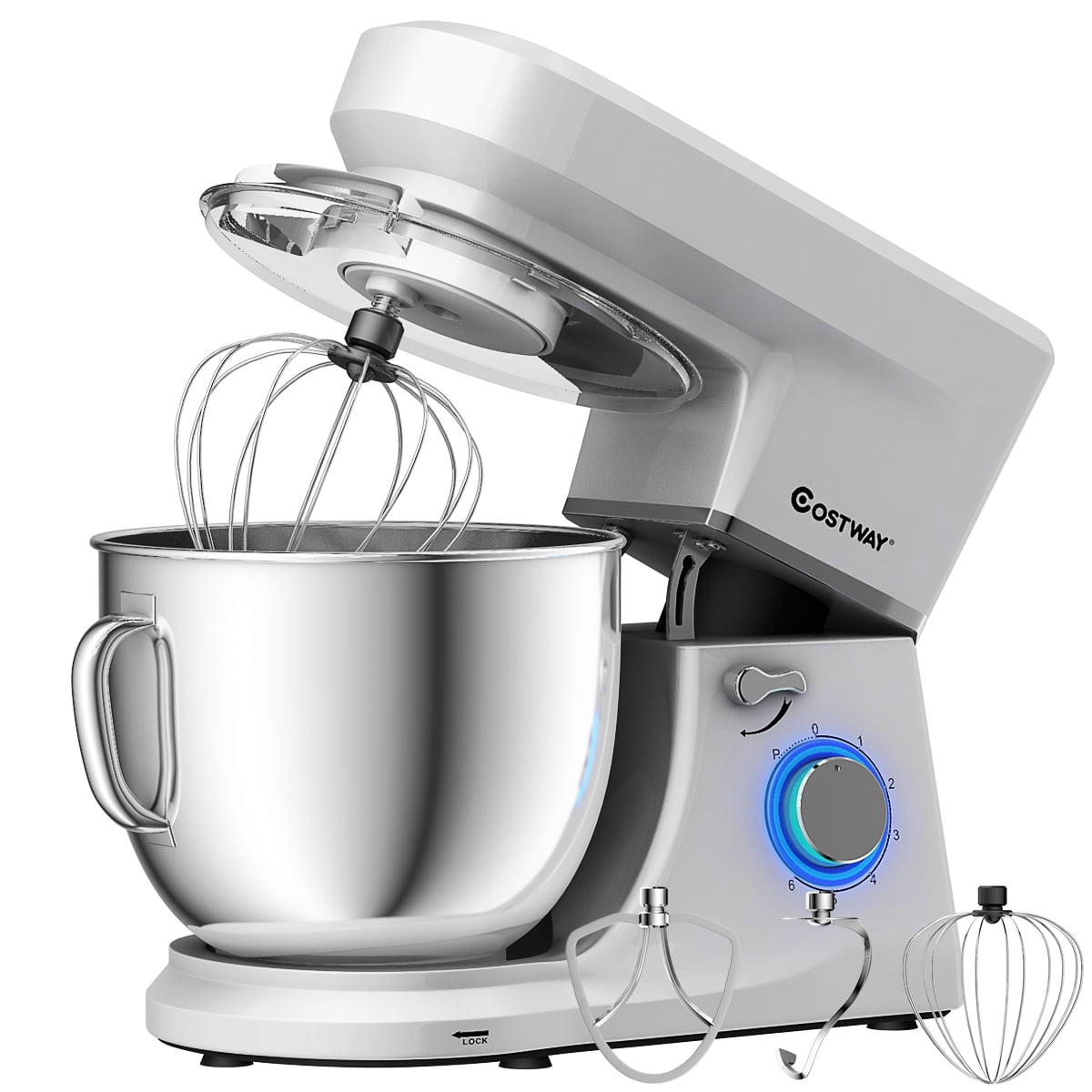 Costway Tilt-Head Stand Mixer 7.5 Qt 6 Speed 660W with Dough Hook, Whisk & Beater Silver