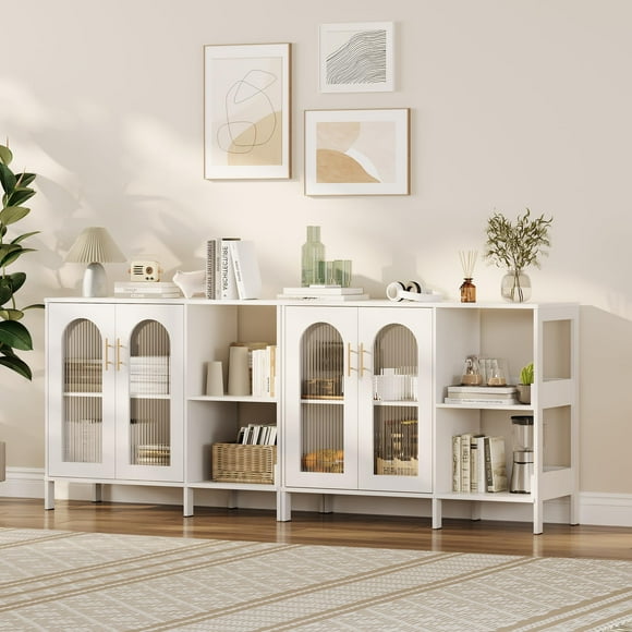 BeesClover Armoire, Buffet Bahut, Porte Arquée en Verre, 2 Poignées Dorées et Tablettes Ajustables, Multifonctionnel pour Garde-Manger de Cuisine, Buanderie, Salle à Manger