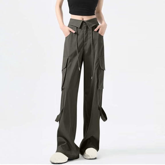 JUSLIO Cargo Pants for Women Casual High Waist Pockets Comfortable Straight Leg Pants Green L
