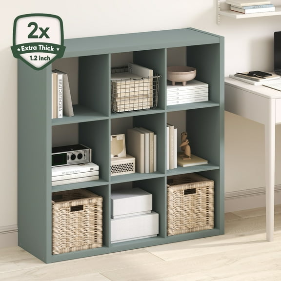 Furinno CUBICLE Book Shelf, 9-Cube Thick Frame Bookshelf, Reversible Bookcase with Open Back, 14.6" x 43.8" x 43.8", for Living Room, Bedroom, Home Office, Sage Green