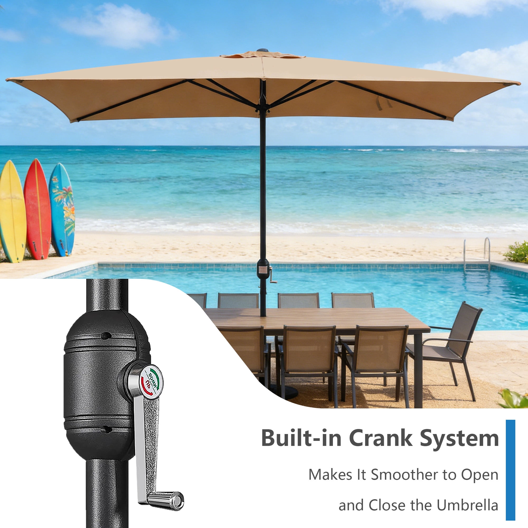 Abble 10x6.5ft Rectangular Patio Umbrella with Crank Handle, Outdoor Market Umbrella with 6 Sturdy Umbrella Ribs, Waterproof, Tan