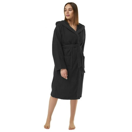 Heavy Womens 3.5lb Black Hooded Terry Cloth Bathrobe. XXL Full Length 100% Turkish Cotton