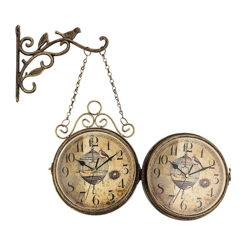 Double Sided Wall Clocks, Battery Powered Metal Vintage Style Clock Antique Circle Station Wall