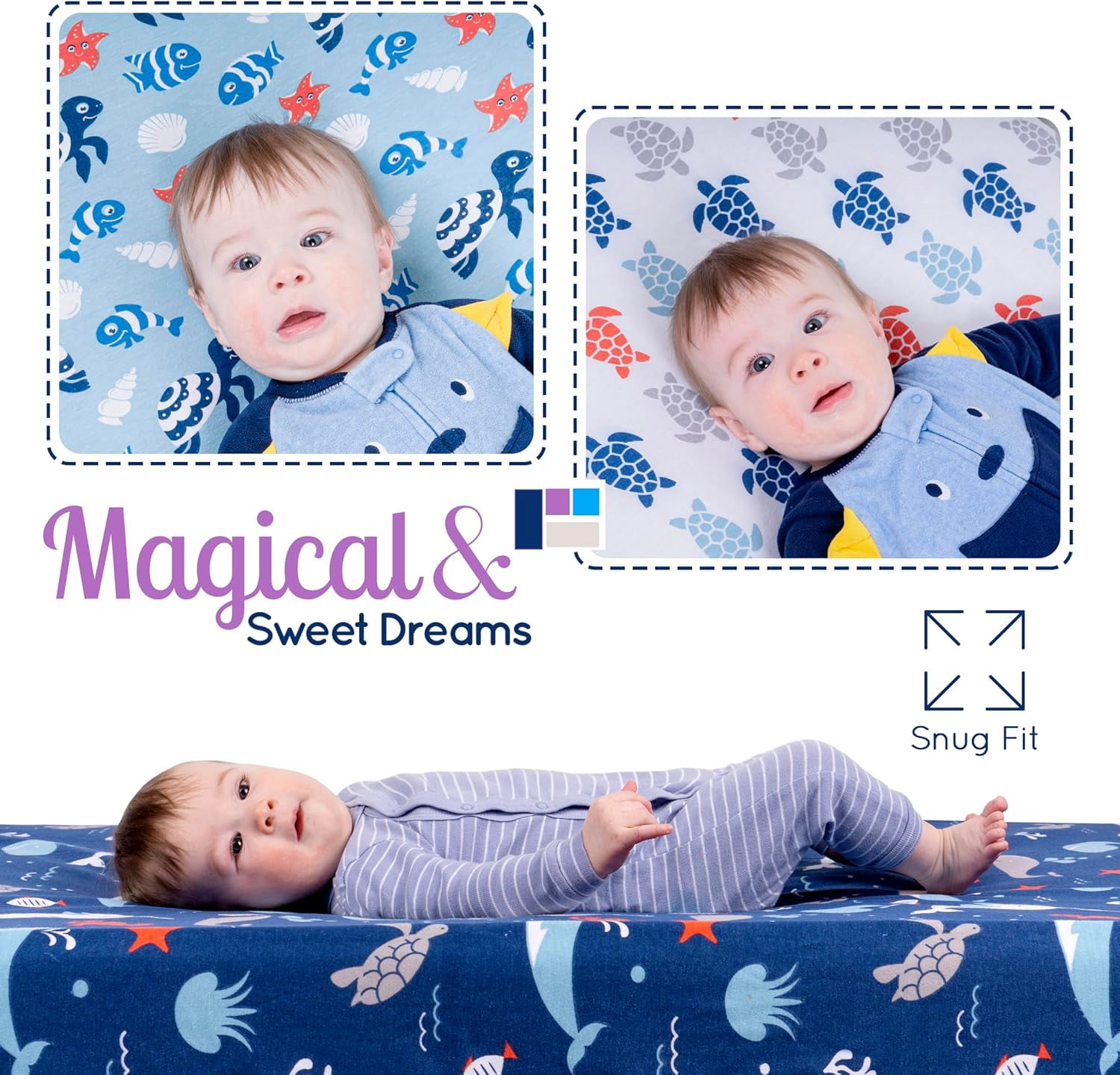 Fitted Crib Sheets 3 Pack by GROW WILD - Soft Jersey Cotton Toddler Sheet | Baby Crib Bedding Set for Boys | Crib Mattress Sheets and Boys Toddler Bed Sheets | Ocean Blue Crib Sheets Whale Turtle