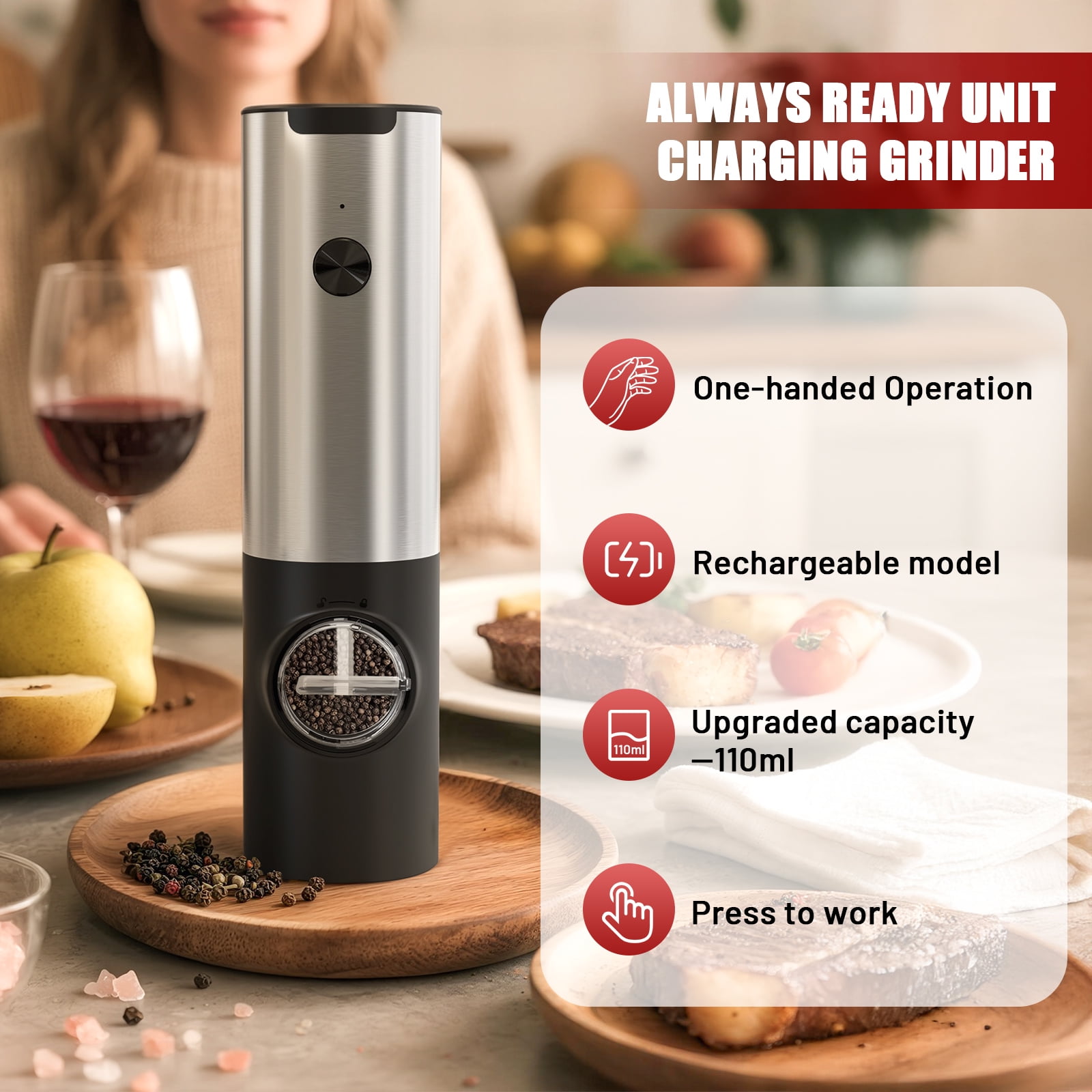 Electric Salt and Pepper Grinder Set, Sgokeen Automatic Electronic Spice Mill Shakers with USB Rechargeable, LED Light, Adjustable Coarseness, One Hand Operated, Stainless Steel