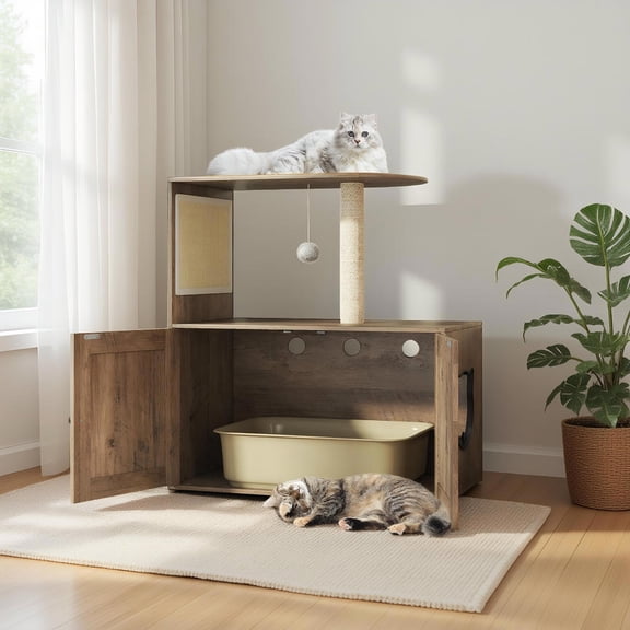 Choco Moon 34.5" Cat Tree w/Litter Box Enclosure & Sisal Post, Cat Climbing Tower, Corner Cat Tree, Cat Condos for Indoor Cats-Gray