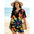 thumbnail image 5 of CASSIE LIZ Plus Size Summer 2 Piece Sets 3X Fashion Rainbow Tie Dye V Neck Short Sleeve Top and Drawstring Shorts Set Casual Lounge Workout Daily Vacation Outfit with Pockets 3XL 22W 24W, 5 of 8