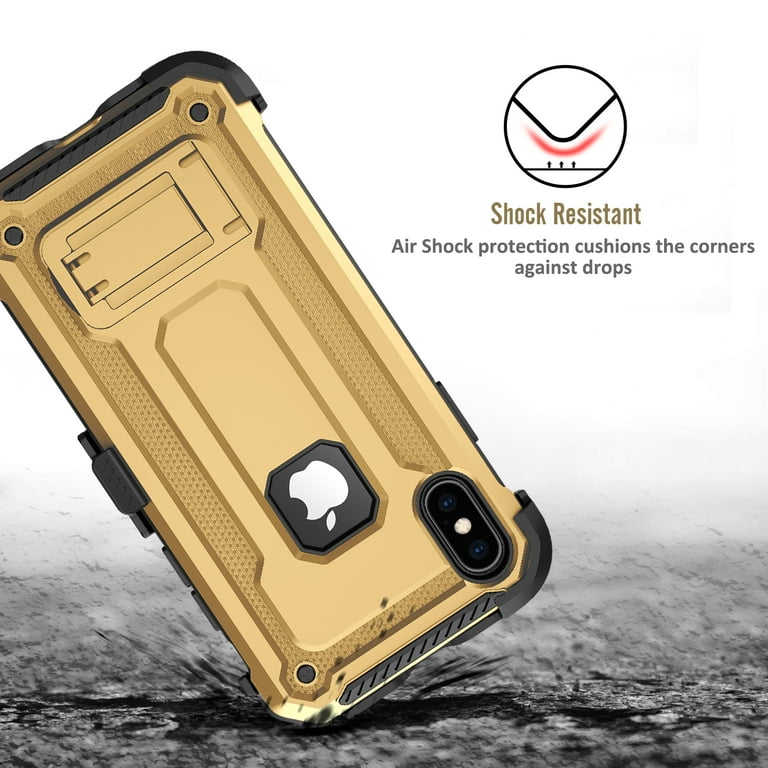 TJS Apple iPhone XS / iPhone X Case, 360° Belt Clip Holster Dual Layer Hybrid Shock Absorbing Resist Kickstand Armor Phone Case Cover (Gold) TJS Apple iPhone XS / iPhone X Case, 360° Belt Clip Holster Dual Layer Hybrid Shock Absorbing Resist Kickstand Armor Phone Case Cover (Gold)