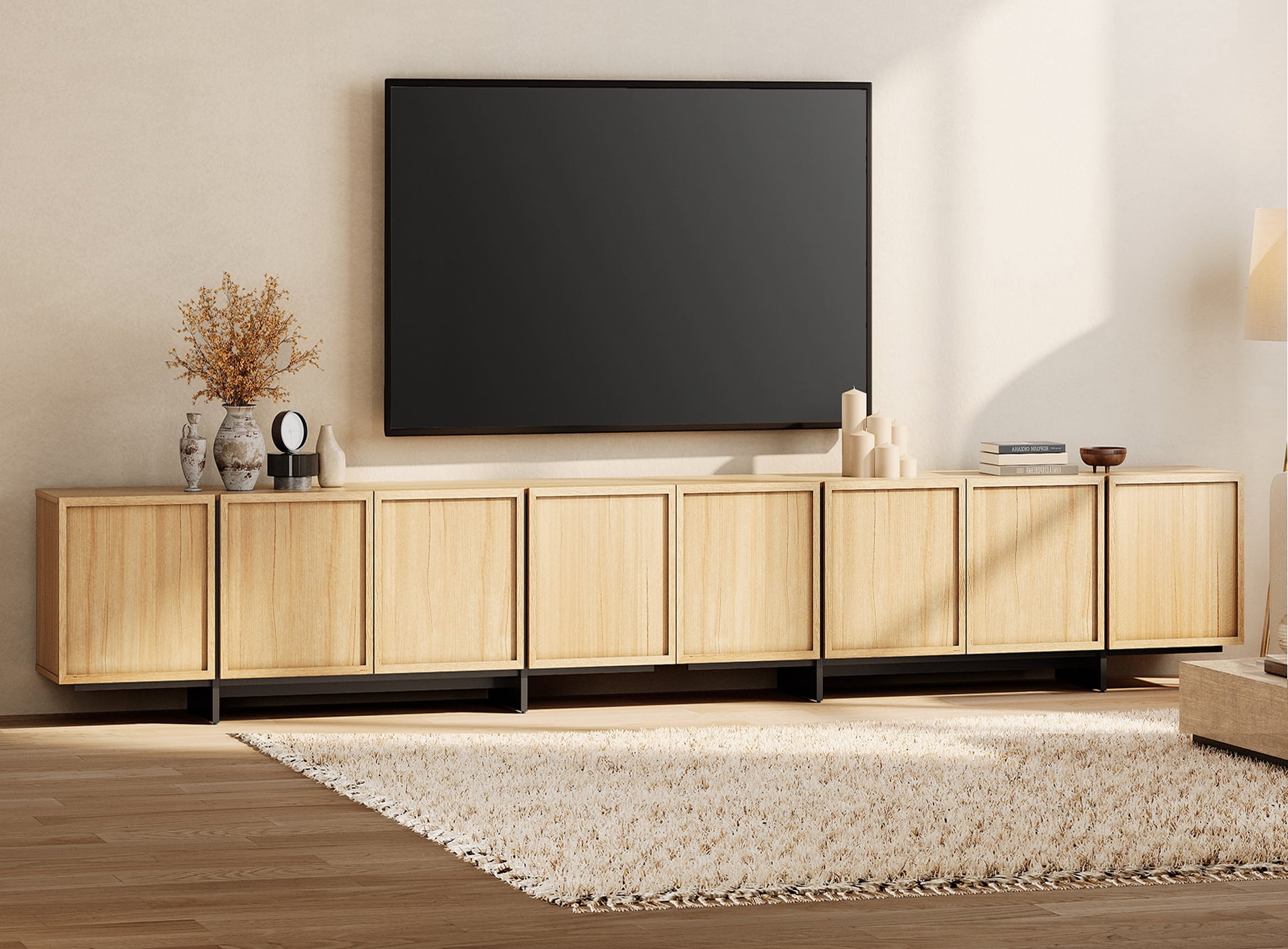 WAMPAT Modern TV Stand for 32-110 inch TVs, Wood Entertainment Center with Storage Cabinets, Media TV Console Table for Living Room, Oak