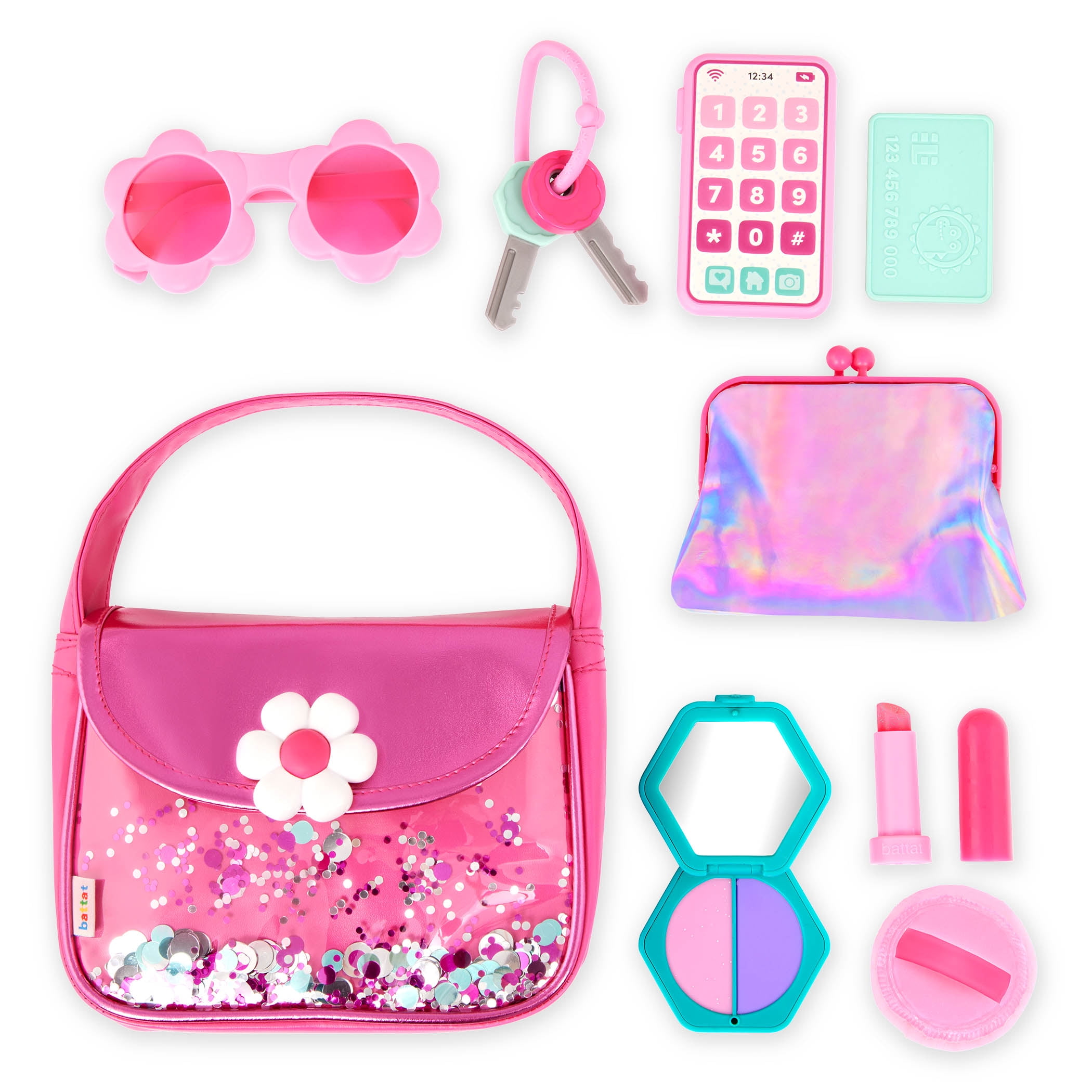 Sparkle Time Pink Purse Set with Phone Keys Card Makeup, Toddler and Preschool Toys by Battat, BATTAT PURSE SET