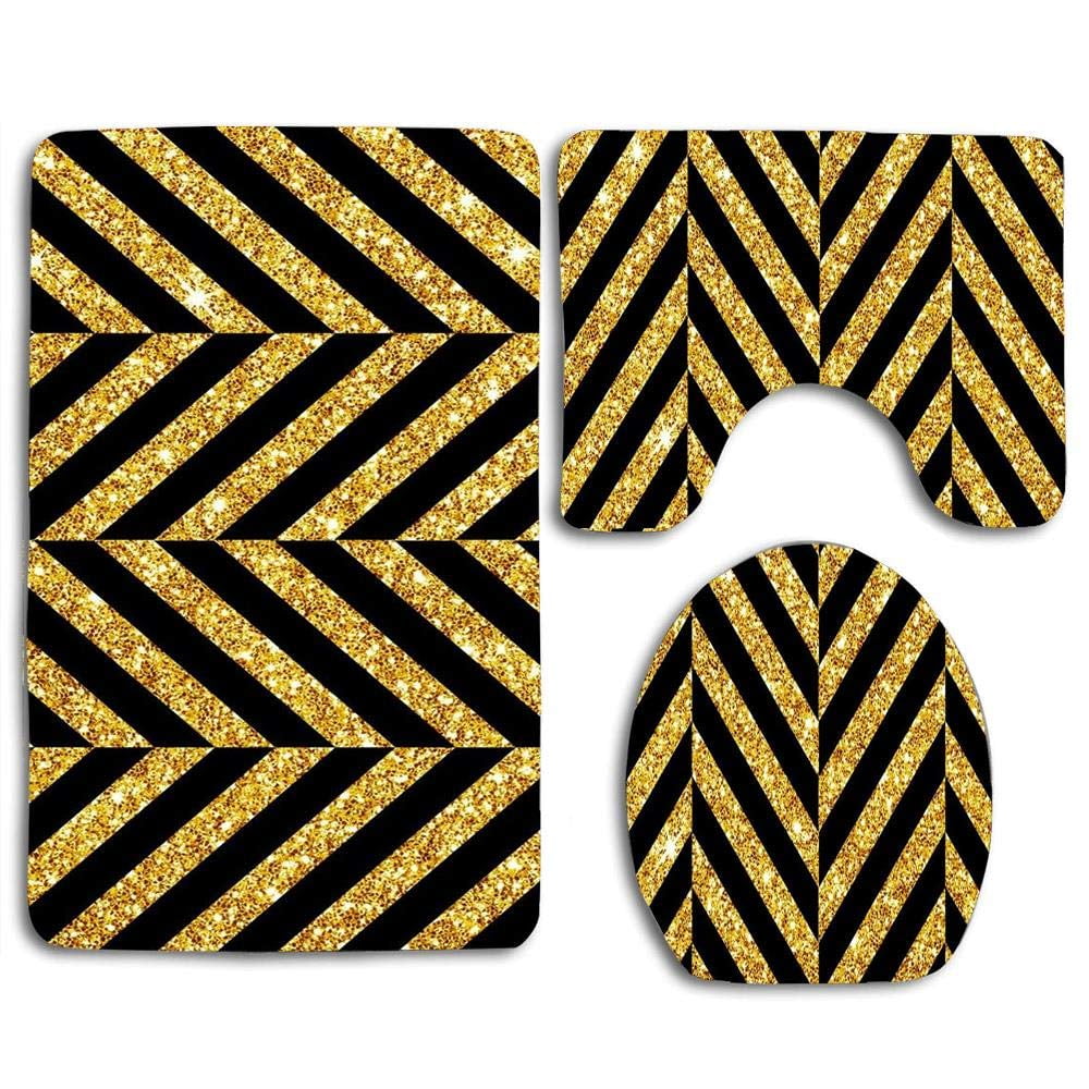 GOHAO Black and Gold 3 Piece Bathroom Rugs Set Bath Rug Contour Mat and