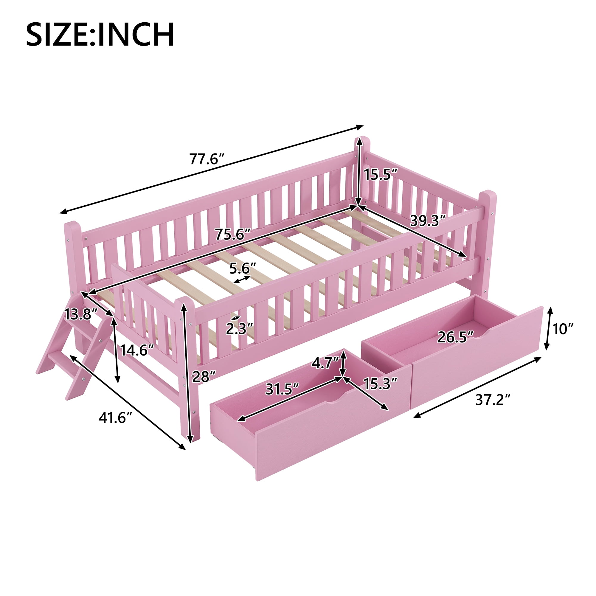 Euroco Wood Twin Size Platform Bed with 2 Drawers and Ladder for Kids and Toddlers, Pink